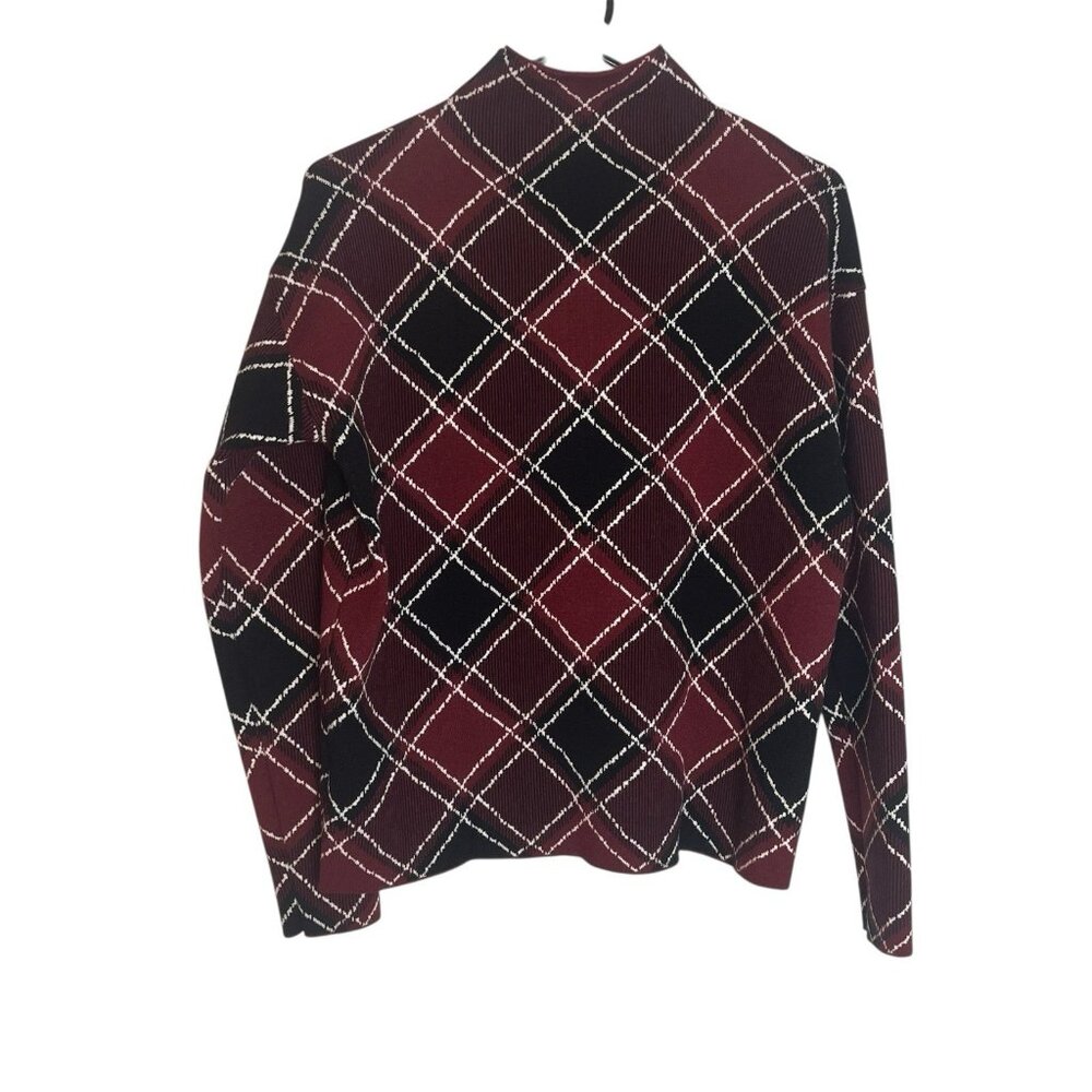 Tahari Mock Neck Sweater Womens Red Argyle Size Medium